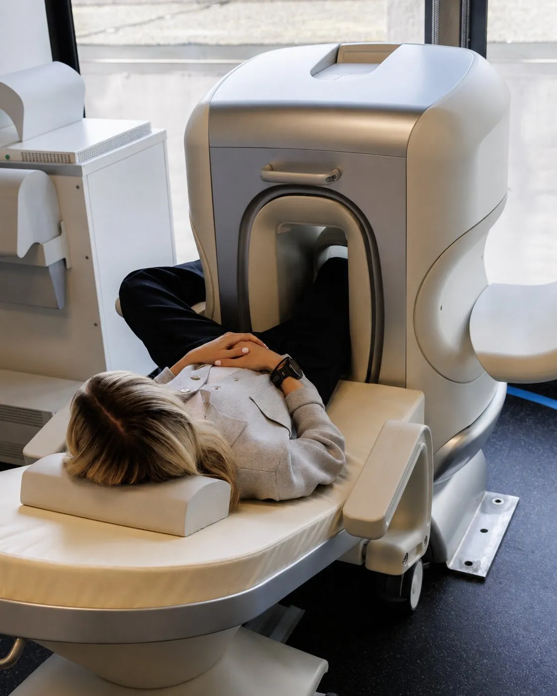 A patient having a comfortable extremity MRI