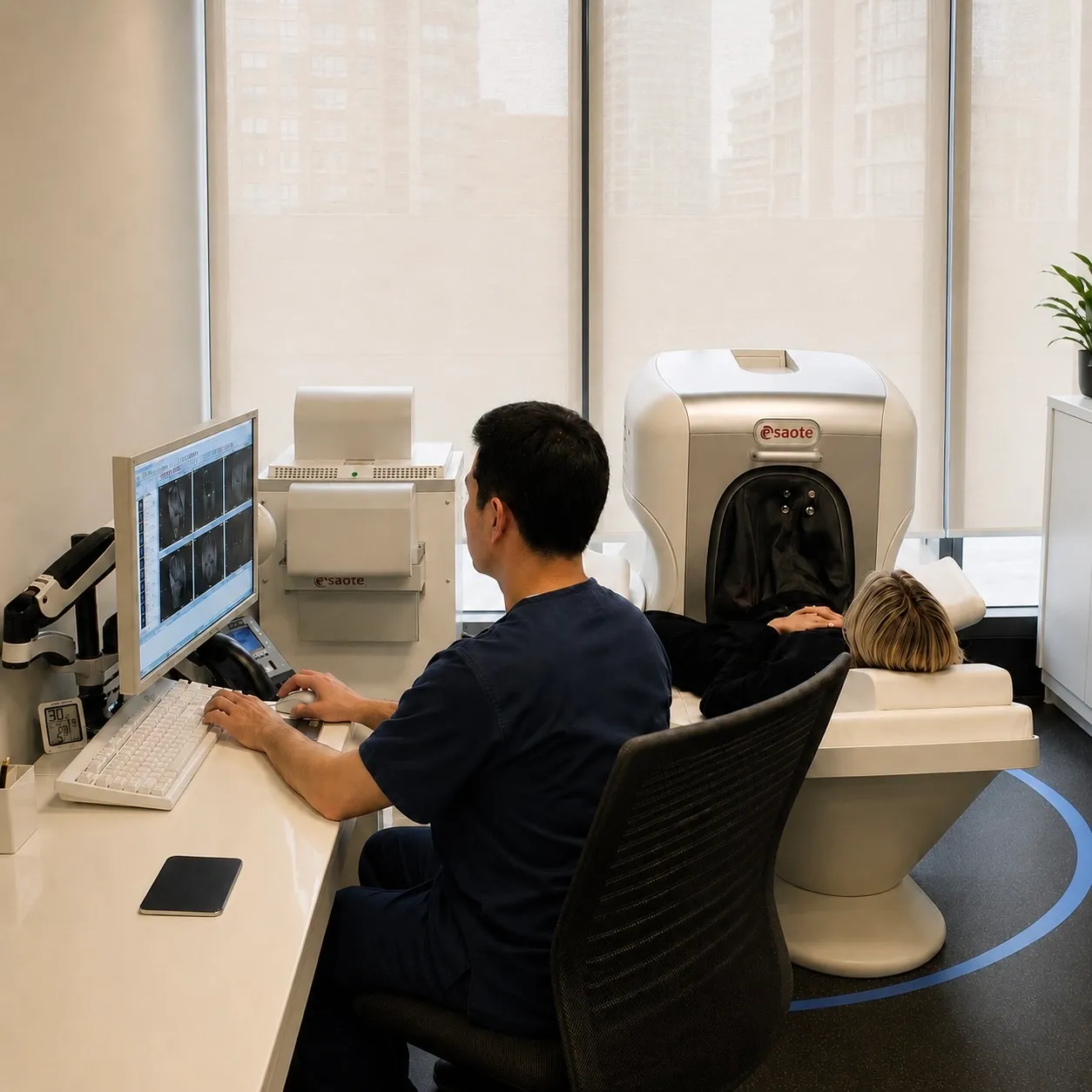 A technologist reviewing knee MRI images while a client is scanned in the open O-scan at InForm Imaging